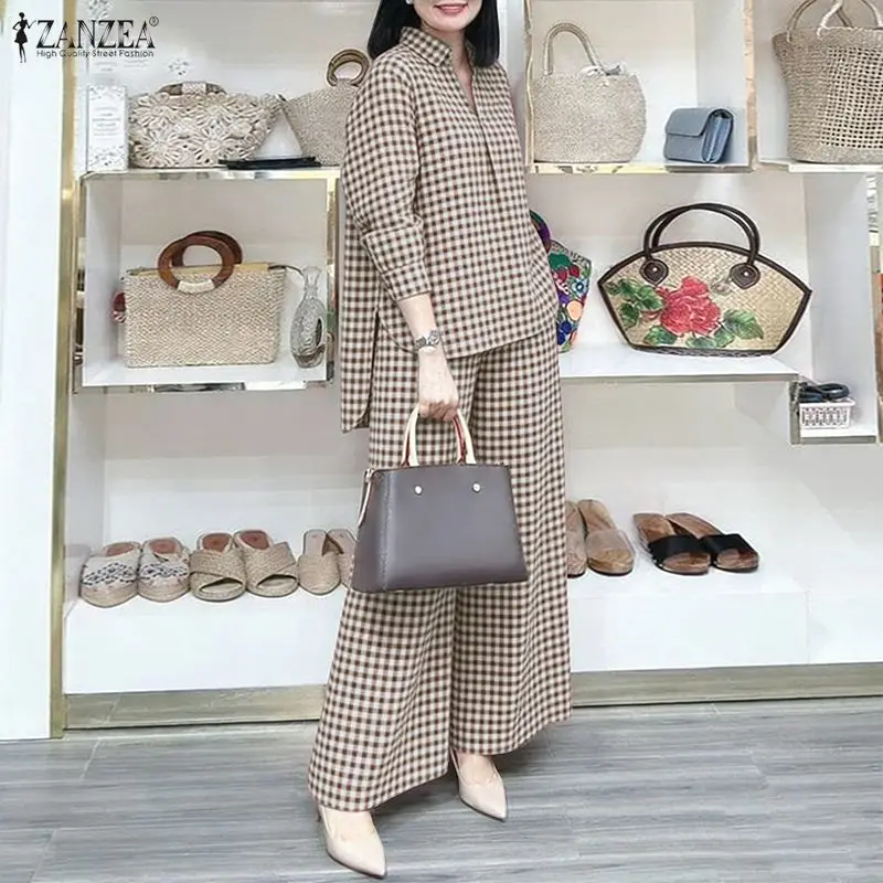 

Женские брючные костюмы ZANZEA в клетку, блузка с воротником и длинными рукавами, широкие брюки, комплект из 2 предметов, уличная одежда, повседневные наряды