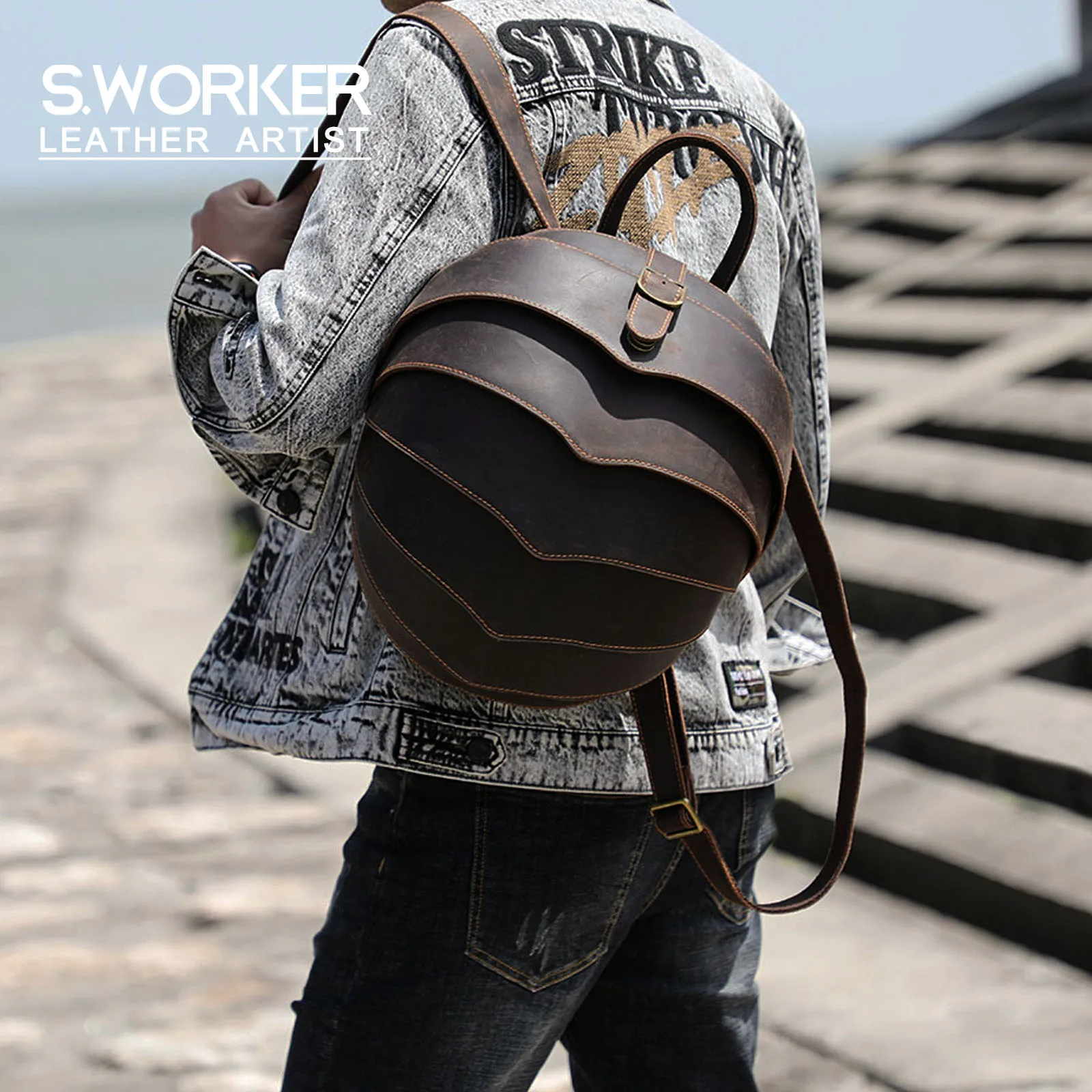 S.WORKER Vintage Stilvoller Rucksack aus Rindsleder, Originaldesign, Echtleder-Verpackung, Individueller Käfer-Rucksack, Umhängetasche – Detail 2