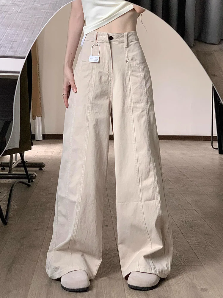 

Американские повседневные прямые брюки цвета хаки с высокой талией, женские свободные утягивающие драпированные широкие джинсы длиной до пола, большие размеры