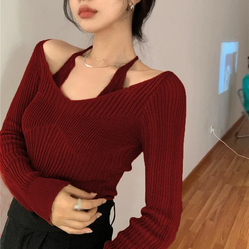 Womens Knit Sweater Off Shoulder Knitted Pullover Jumper Sweaters Sexy Knit Halter Neck Tops Autumn Spring