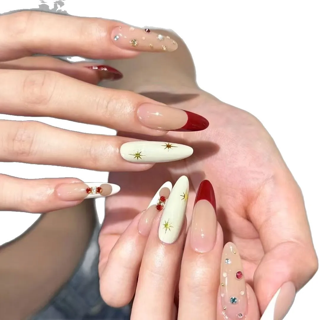 10 قطعة اليدوية طويلة البيضاوي الصحافة على الأظافر النبيذ الأحمر الفرنسية ستار حجر الراين تصميم الحلو لطيف الأظافر وهمية يمكن ارتداؤها رسومات أظافر تلميح فتاة #3