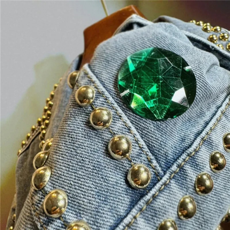 Heavy Work Rivet Diamond Big Pocket Denim Jacket Blue Casual Short Cardigan Coat Lapel Long Sleeve Female Jeans Jacket Spring - Image 5