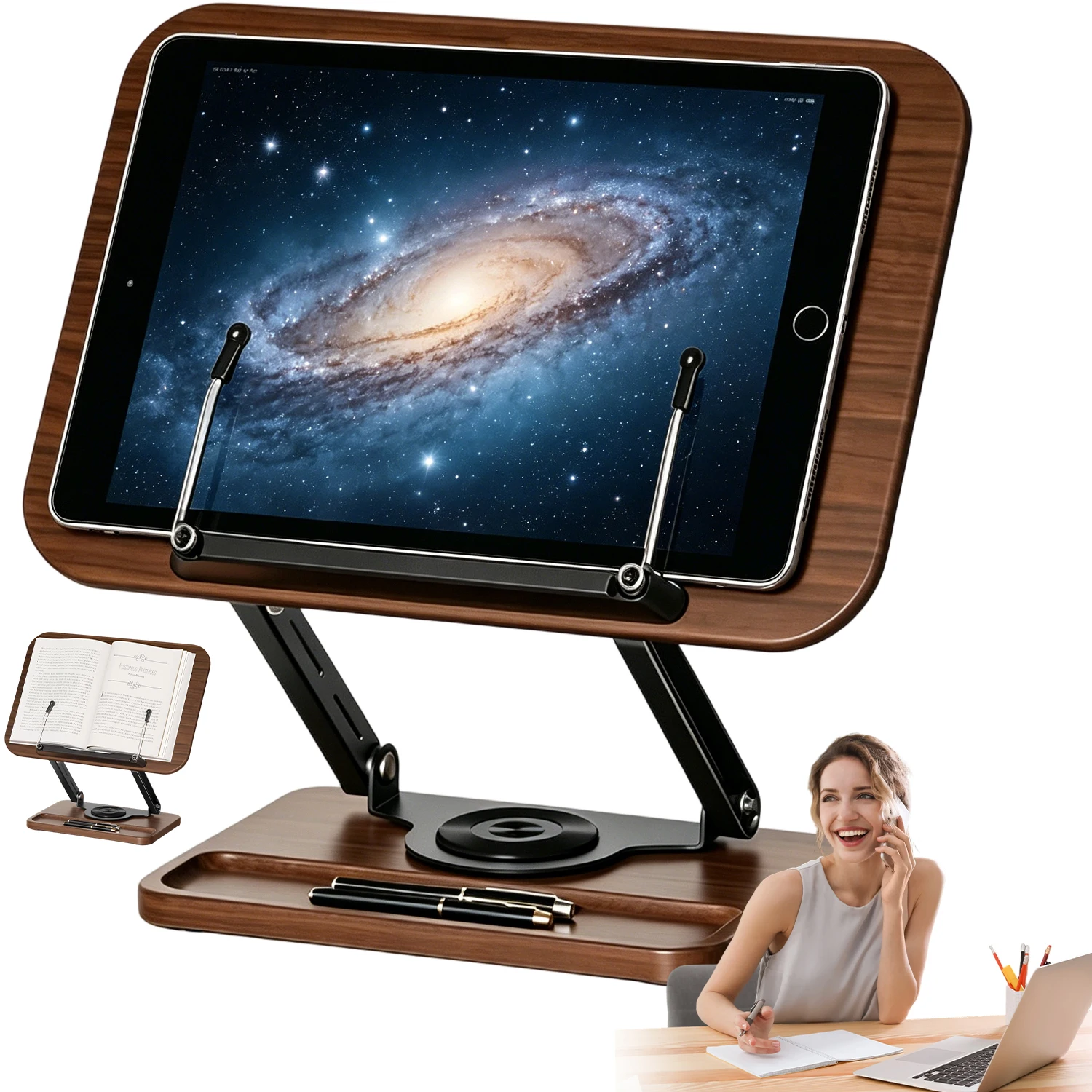 1 support de bureau rotatif à 360° avec fente pour stylo, pince latérale flexible pour partitions musicales, formules, magazines, tablettes et ordinateurs portables.