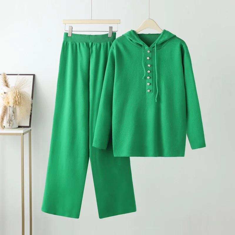 Spring Knitted Tracksuit 2 Piece Sets Knitwears Hoodie Tops Conjuntos Knit Soft High Waist Wide Leg Pants Outfits Korean Suits