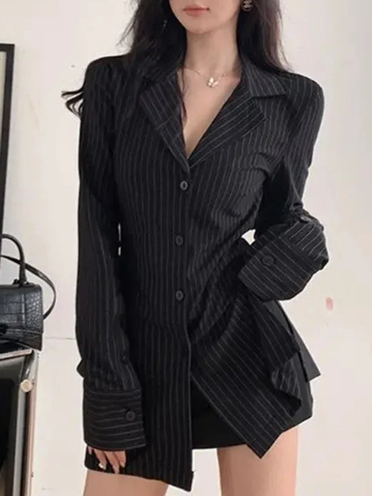 Ladies Black Elegant Versatile Slim Fit Top Summer Korean Fashion Beauty Ladies Retro Casual Stripe Sexy Long Sleeved Shirt