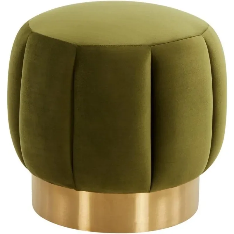 

Couture Home Maxine Olive Green Velvet Channel Tufted Living Room Bedroom Vanity Foot Stool Round Ottoman