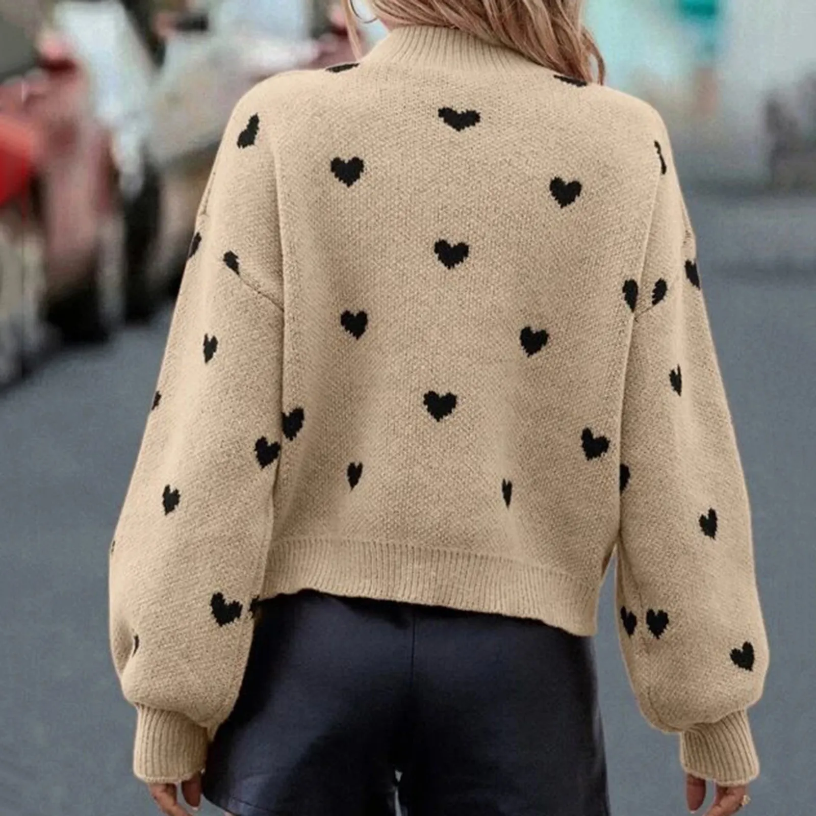 Ladies Comfortable Long Sleeve Pullover Sweet Pink Heart Pattern Knit Sweater Korean Fashion Everyday Versatile Tops For Womens