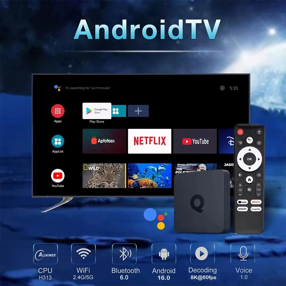 Q1 Smart TV Box 2026 Android16 Allwinner H313 8K Bluetooth 6.0 Dual Wifi 5G Google Assistant 8GB 256GB Voice Remote Media Player
