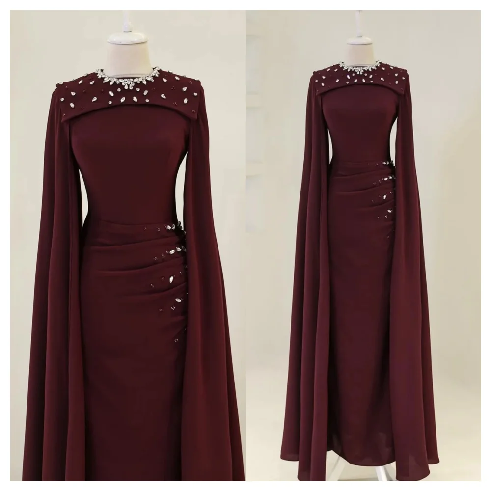 

Customized Classic Chiffon Evening Dress Modern Crew Neck Long Sleeves Party Dress Straight Floor Length Celebrity Gowns