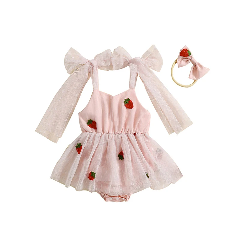 Trajes de niña recién nacida con bordado de fresas, vestido de tutú sin mangas con tirantes, Body de tul, ropa de verano