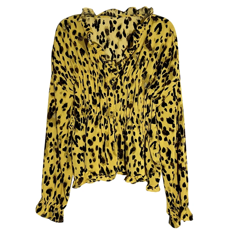 Top lungo in chiffon da donna alla moda Sve V-Ne con stampa leopardata che copre la pancia piccolo irt coreano Sle vestibilità ampia