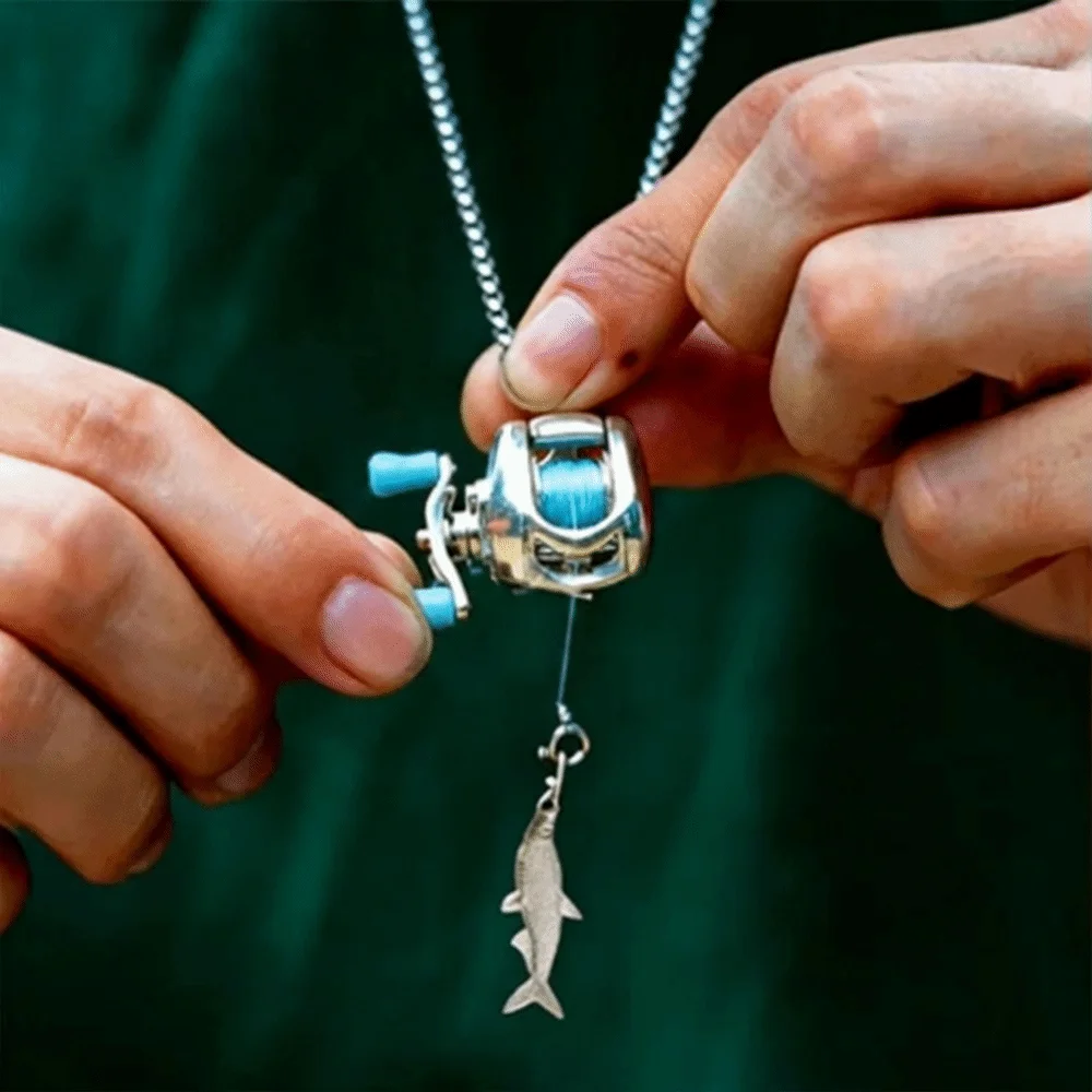 Rotatable Handle Mini Fishing Reel Charm Necklace Delicate Texture Smooth Surface Fisherman Pendant Jewelry Solid Metal Material