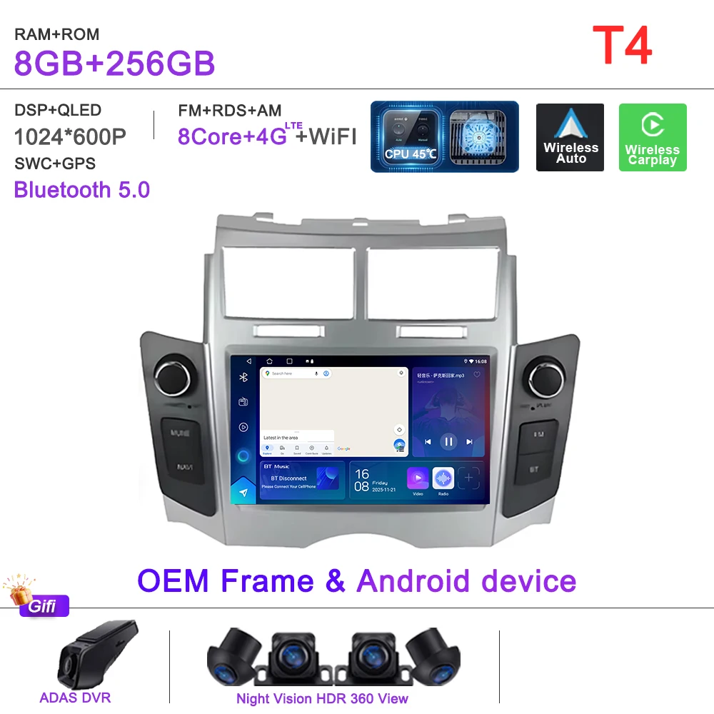 Android 16 Autoradio Voor Toyota Yaris XP90 Vitz Platz 2005-2012 Draadloze CarPlay 2din Stereo DSP multimedia Playe GPS Autoradio