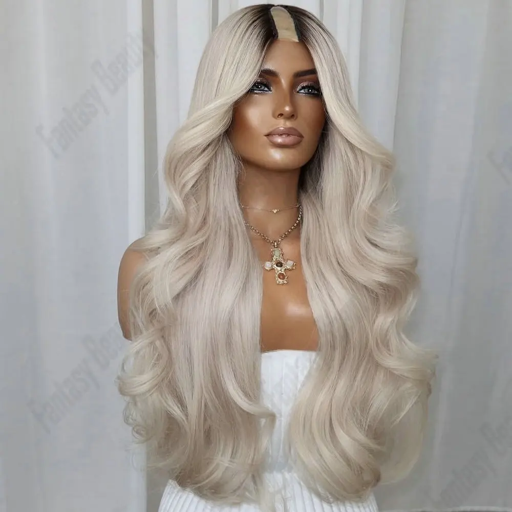 

Парик из натуральных волос платинового блонда, 1x4 U-образный, для женщин, очень длинный, волнистый, плотность 250%, бразильские волосы Реми, без клея, машинной работы, V-образный парик