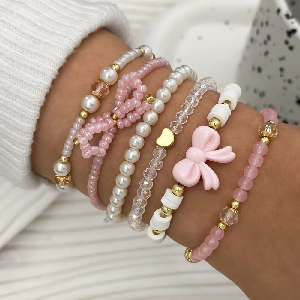KMVEXO 6Pcs Cute Bowknot Heart Bracelet Set For Women Pink Acrylic Beads Imitation Pearl Elastic Bangles Female Bohemian Jewelry