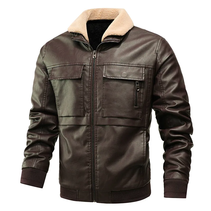 

Pop Men's Leather Jacket Winter Men Thick Motorcycle PU Jacket Casual Turndown Collar Coat Male Warm bomber Leather Jackets