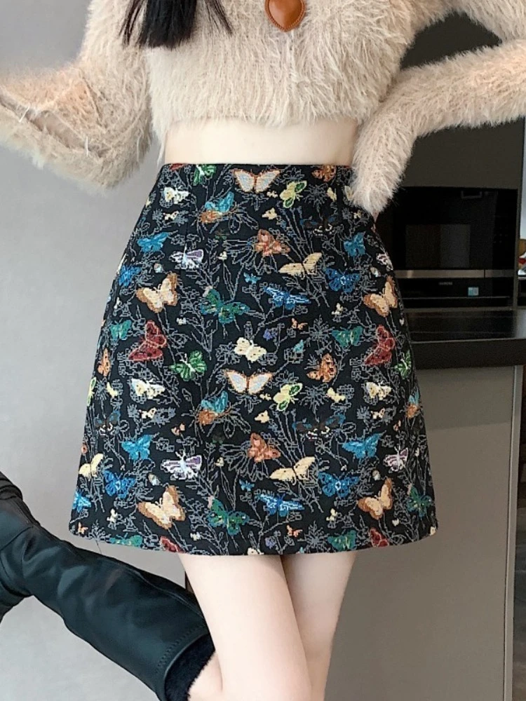 Butterfly Embroidery Jacquard Skirt Women 2025 Fall New High-waisted A-line Short Skirt Woman