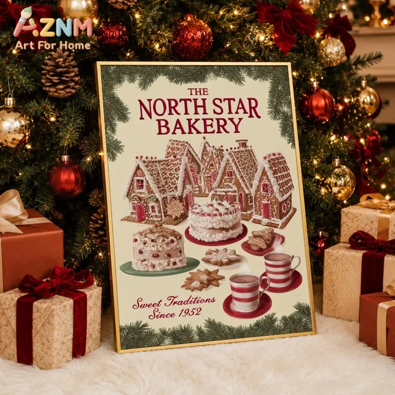 Vintage Bakery Canvas Wall Art Retro Gingerbread Cake Hot Cocoa Print Christmas Kitchen Home Wall Print Unframed Canvas Poster