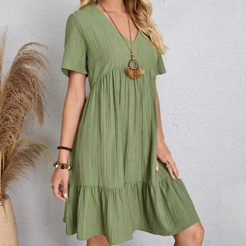 Summer Women Vintage Dresses 2025 Solid Casual V Neck Ruffles Mini Dress Ladies Boho Loose Beach Elegant Dresses Vestidos Robe