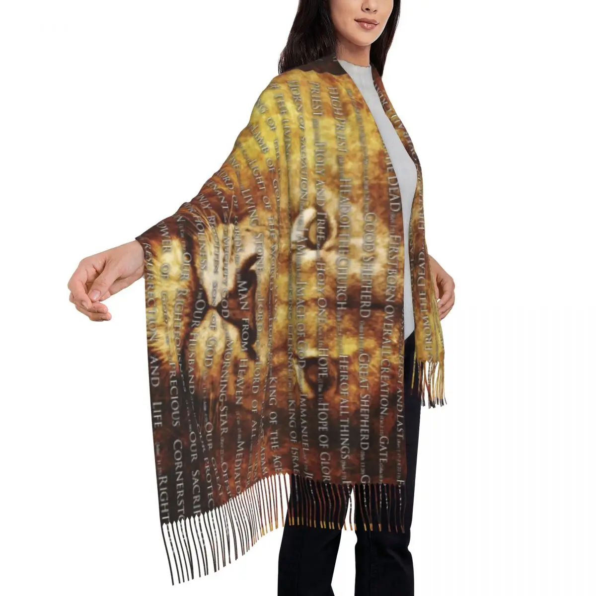 Ladies Long The Names Of God Jesus Lion Scarves Women Winter Thick Warm Tassel Shawl Wraps Christian Catholic Scarf