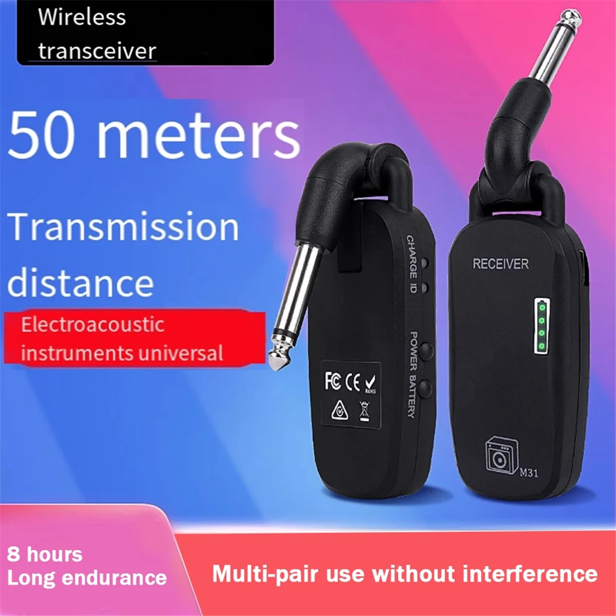 Wireless Guitar System 2.4 Wireless Guitar Transmitter Receiver Rechargeable for Electric Guitar Bass Black