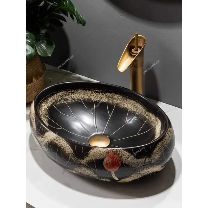 

H Лотос Керамика Столешница в китайском стиле Открытый двор Балкон Туалет Стойка для мытья Одинарная раковина Овальная