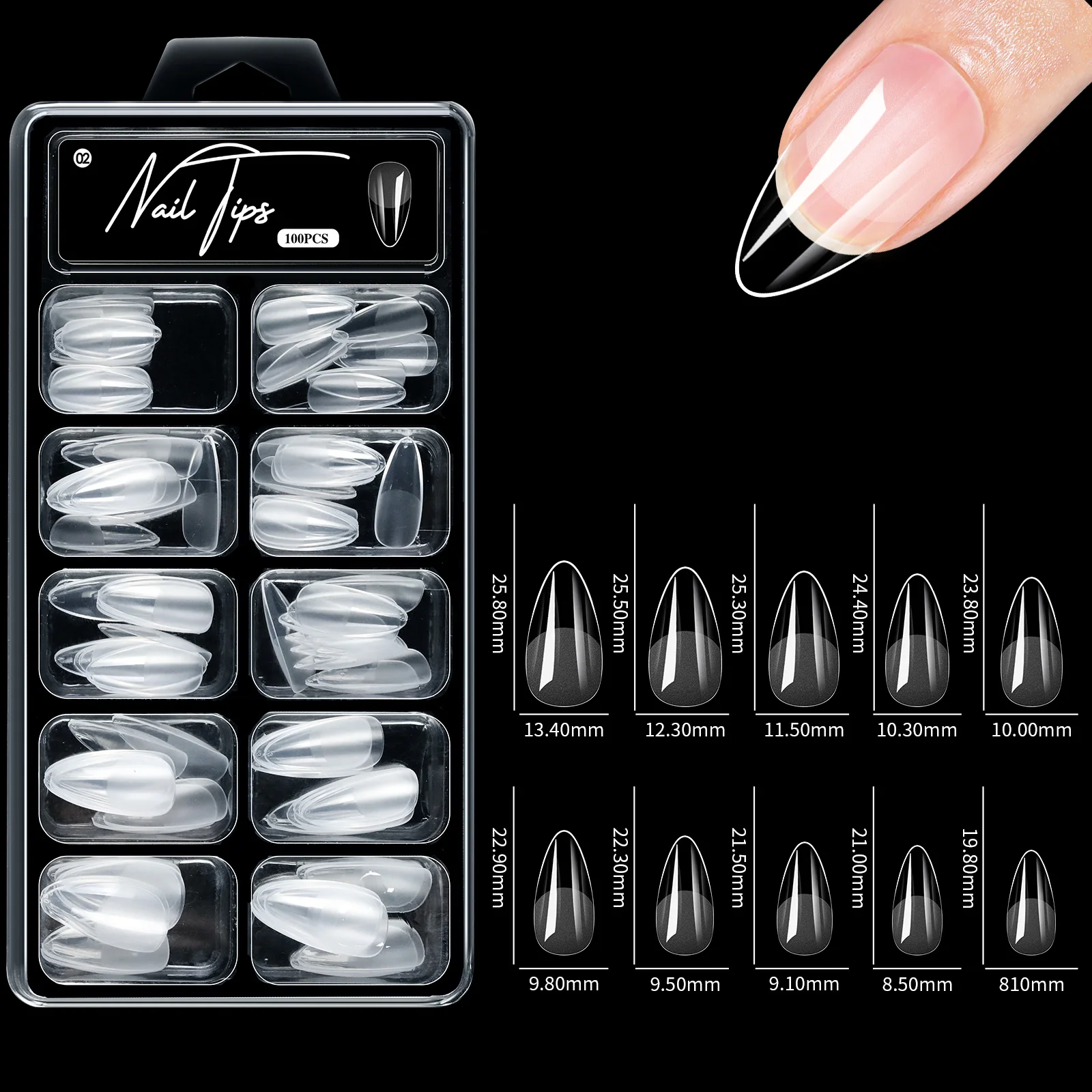 100 Stück transparente, halbmattierte Kunstnagelspitzen in Mandel-/Stiletto-/Coffin-/Quadratform, vollflächige Soft-Gel-Spitzen für DIY-Maniküre, zum Aufkleben ﻿ – Detail 10
