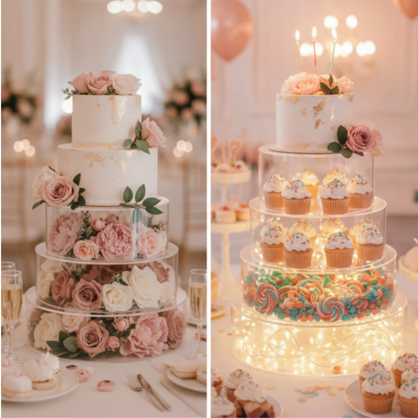 4 Pieces Cake Display Cylinder Round Acrylic Display Container Risers Reusable Easy to Clean for Bakers, Weddings, Banquets