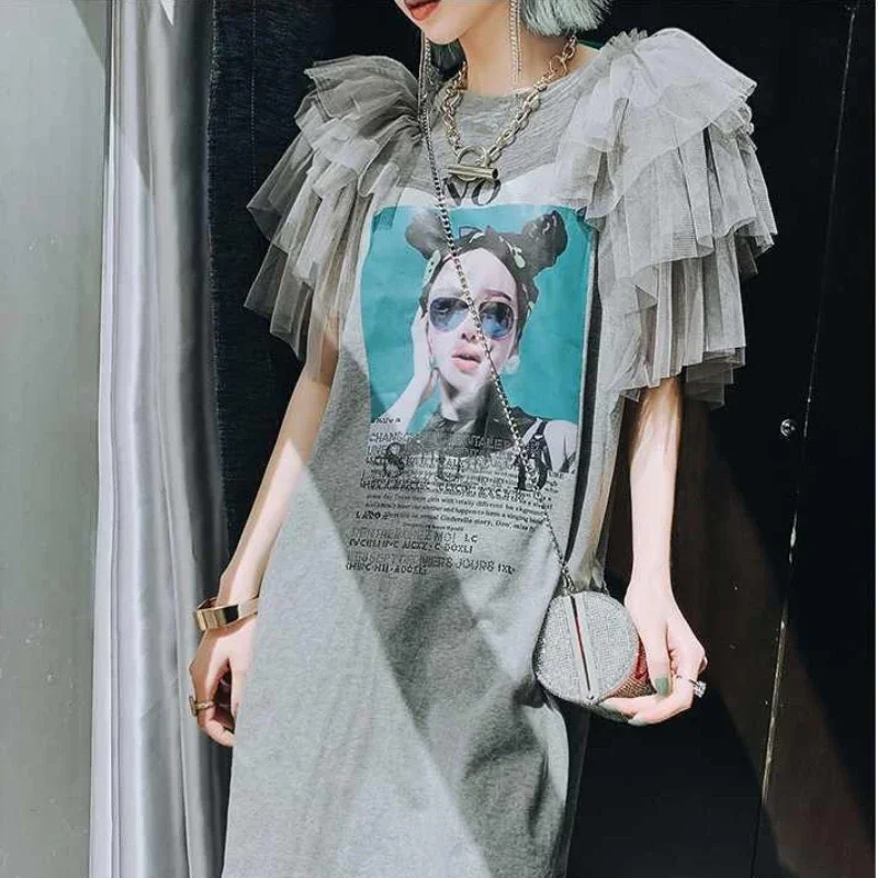 Französisch Vintage Mesh Spleißen Grafik T-shirt Kleider für Frauen Sommer Sexy Lose Kleid Weibliche Mädchen Neue Kawaii Oberbekleidung Kleidung