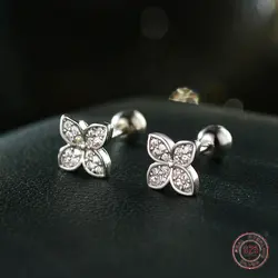925 Sterling Silver Sparkling Zircon Flower Stud Earrings for Women Fresh INS Screw Small Minimalist Earring Piercing Jewelry