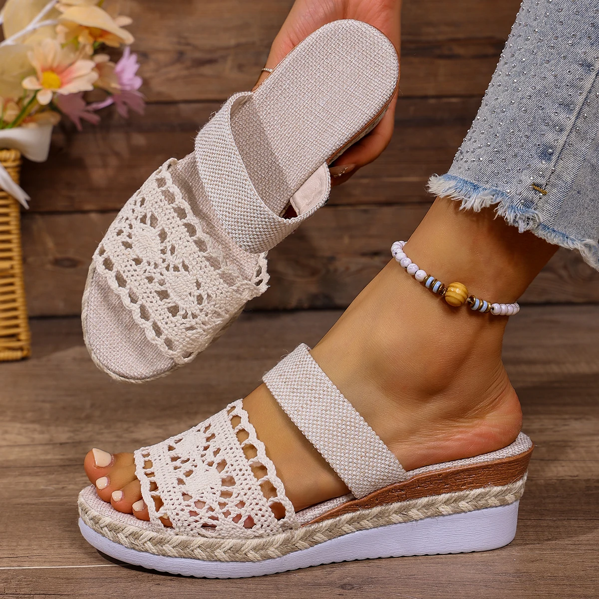 Sandalias de mujer, alpargata trenzada, sandalias con botones y nudo, zapatos de cuña con correa en el tobillo a la moda, zapatos de plataforma de verano para mujer