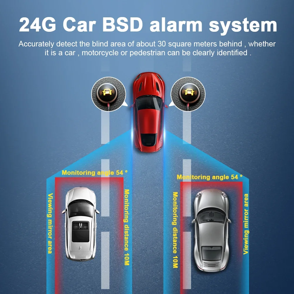 With Parking Delay Warning Function,Car 24G BSD Alarm System, Dual Color LED Blind Spot Detection Sensor Lane Change Assistance
