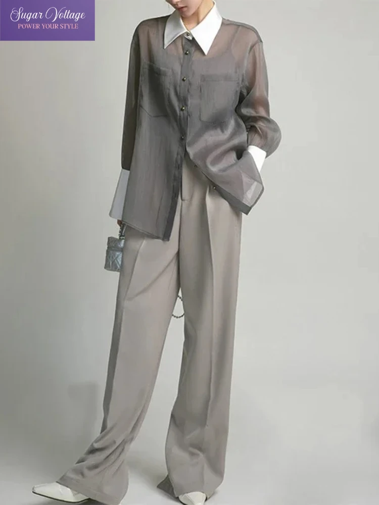 French Luxury Vintage Sheer Chiffon Shirt Women Grey Loose Fit Long Sleeve Blouse Contrast Collar Gold Button Elegant Tops 2025