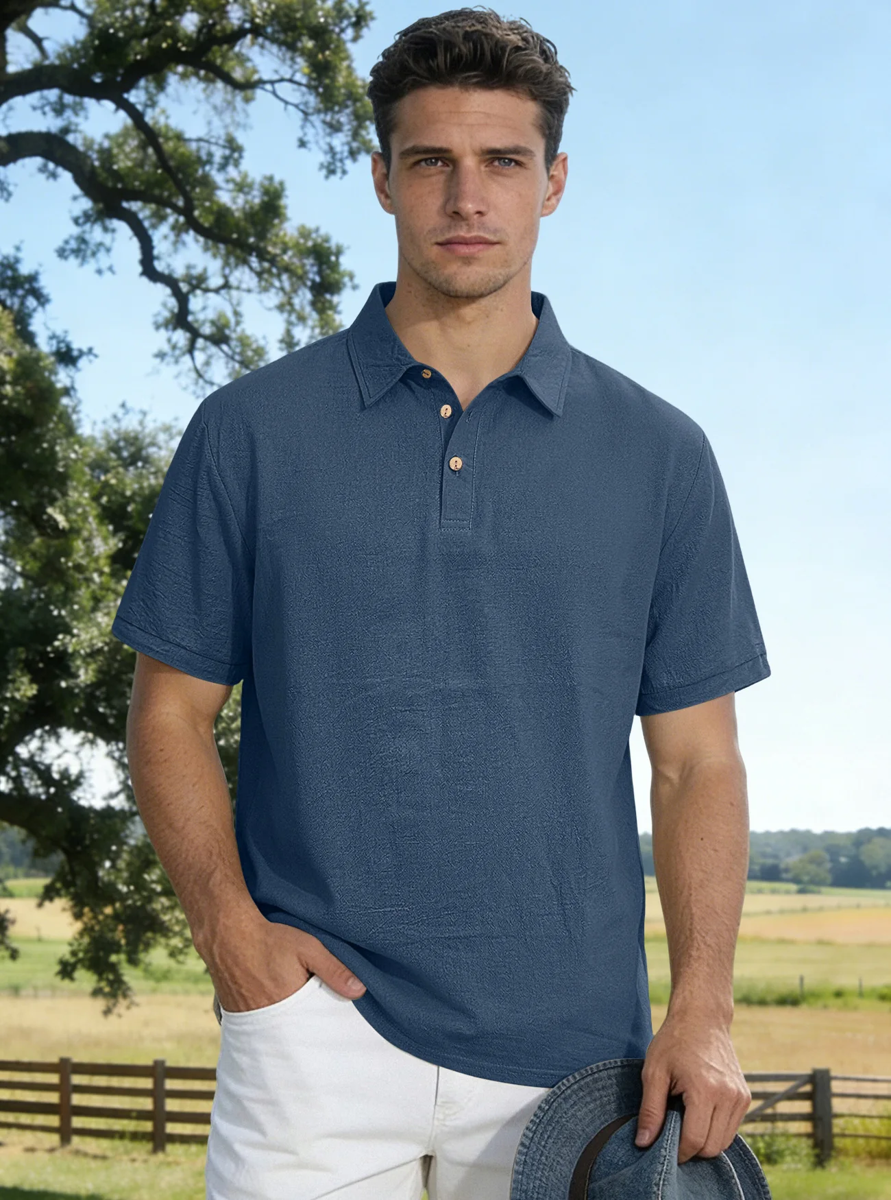 Men Linen Textured Polo Shirts Summer Short Sleeve Lapel Collar Half Button Breathable Casual Vacation Tops - view 5