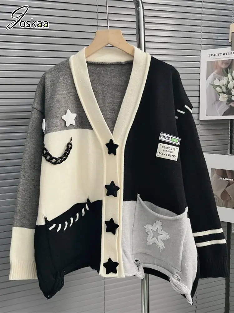 Joskaa maglia Patchwork Cardigan oversize donna Hipster scollo a v manica intera maglione giacche autunno 2023 moda Outwear Streetwear