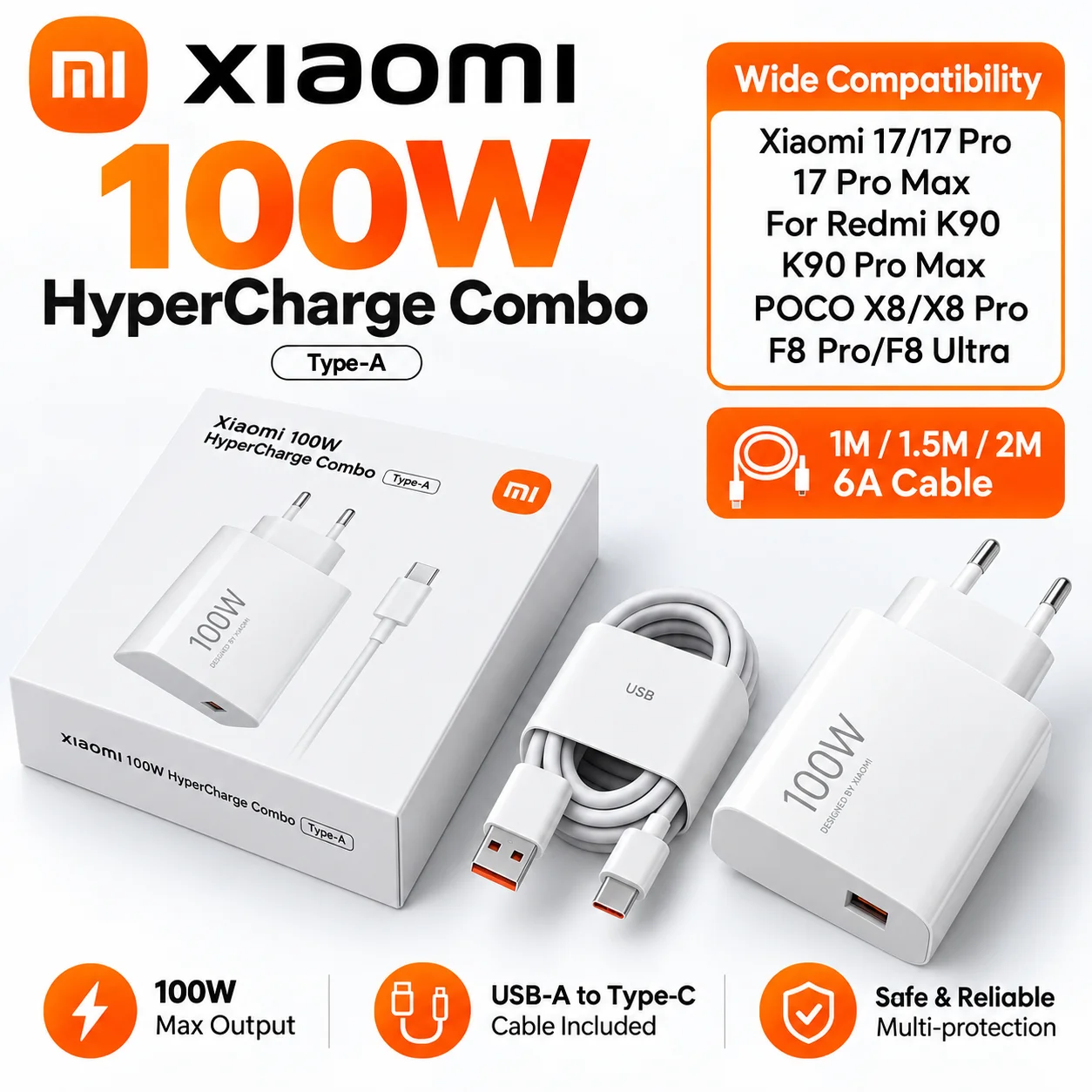 100W Xiaomi 17 17T Pro Max Charger Original 90W Type C Fast Turbo Charge Cargador for Mi 15 14 POCO F8 Ultra X8 Redmi K90 Cable