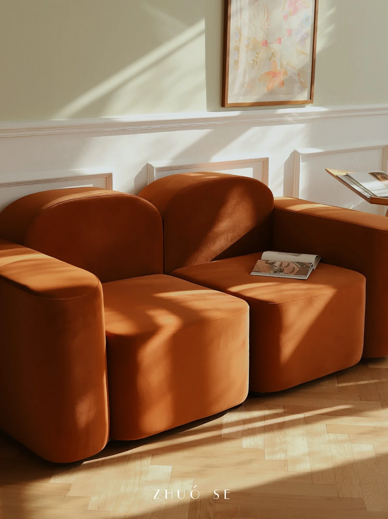 Caramel color Nordic module fabric sofa Small apartment flannel modern simple double triple