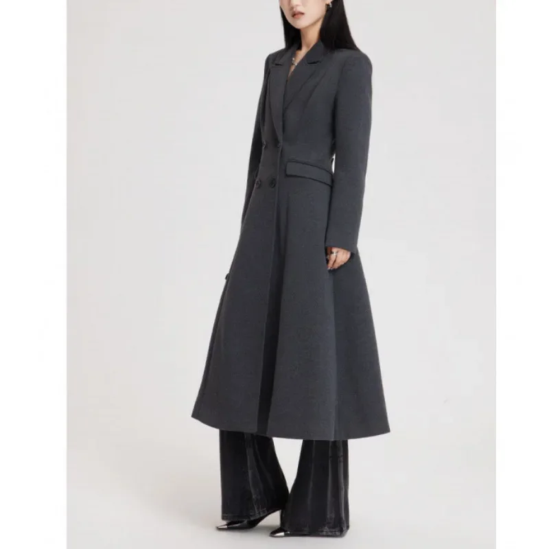 

Gray Hepburn woolen coat for women's autumn and winter new high-end waist and thin medium and long over-the-knee woolen coat