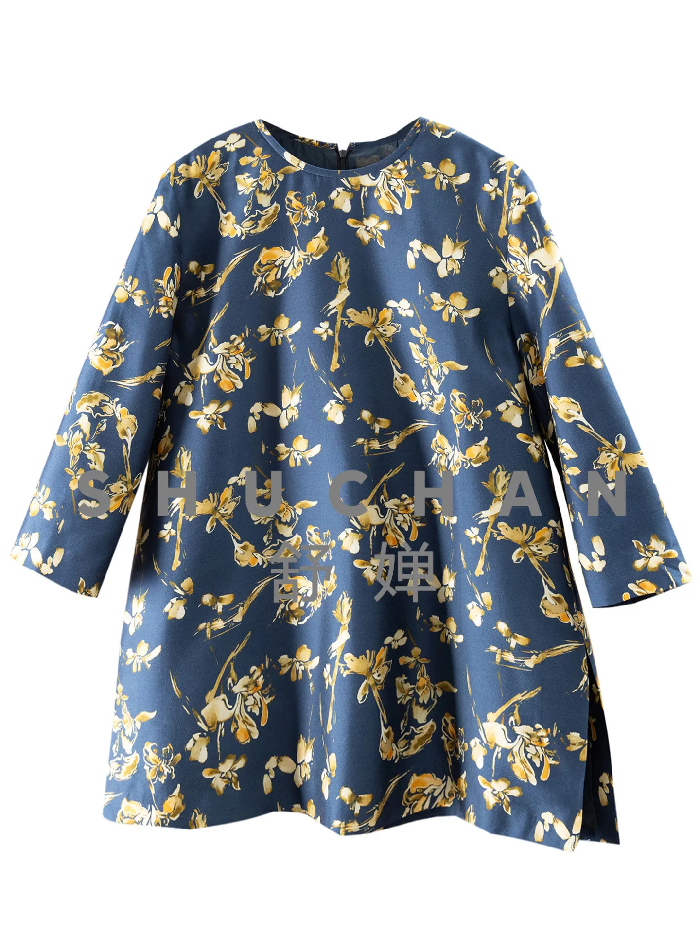 

pullover Blues Flower Sea, Ark Light Luxury Silk Wool Printed Crew Neck Seven-Sleeve Shirt Women's 25K1