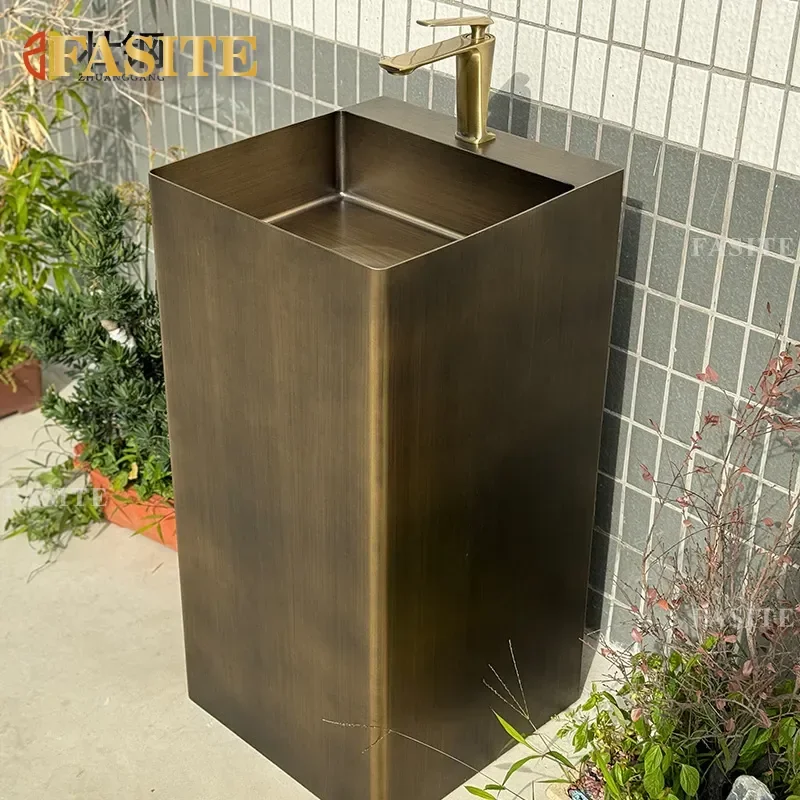 for Outdoor Courtyard Stainless Steel Column Basin Integrated Floor to Ceiling Bronze Pillar Washbasin for Hotel Homestay