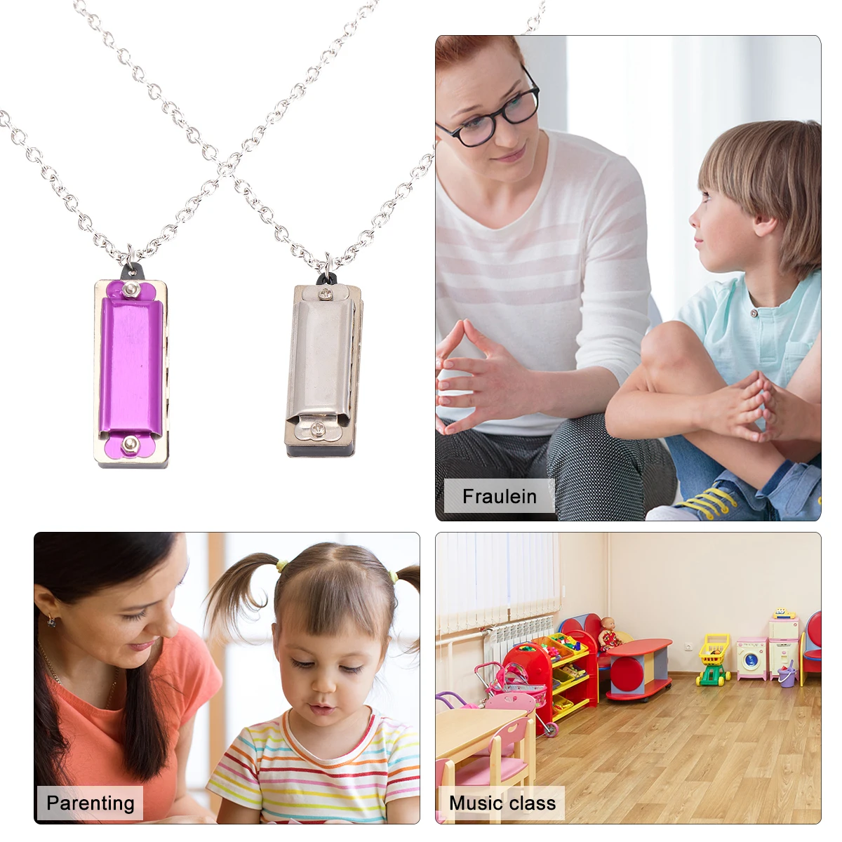 

2 Pcs Music Toys Organ Toddler Musical Instrument 4 Hole Harmonica Key Chain Kid Silver Child