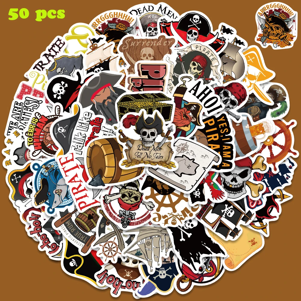 50pcs Cartoon Pirate Sticker Skull Cool Decal For Phone Laptop Luggage Guitar Diary Fridge DIY Decoration Sticker Party Gift
