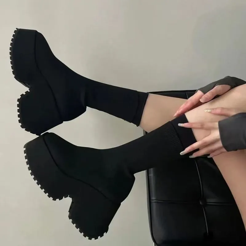 

Black Casual High Chunky Heeled Sock Boots Woman Hided Wedge Platform Female Casual Shoes Wedge Lady Knitting Short Ankle Boots