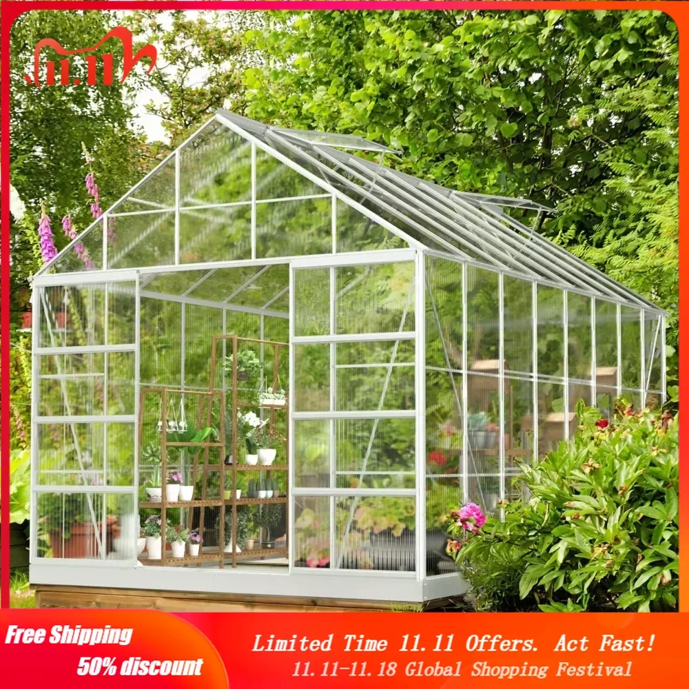 10' x 16' Outdoor Aluminum Greenhouse Polycarbonate with Adjustable Roof Vent and Sliding Door for Backyard Garden in Winter