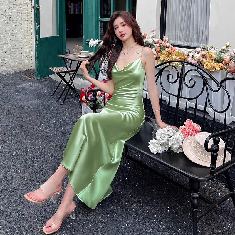 Frauen Sommer Sexy Schwingen Kragen Acetat Langes Kleid Dame Elegante Einfarbig Elegante Ärmellose Party Urlaub Kleid