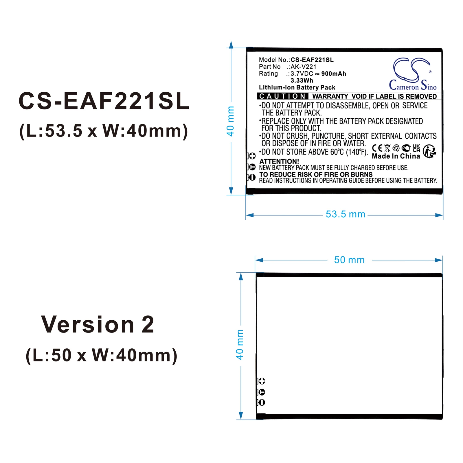 3.7V 900mAh Battery AK-V221, AK-V221-4G V1.0, AK-V221-4G for Emporia Flip V221, Active glam V221 4G, Please NOTE the SIZES