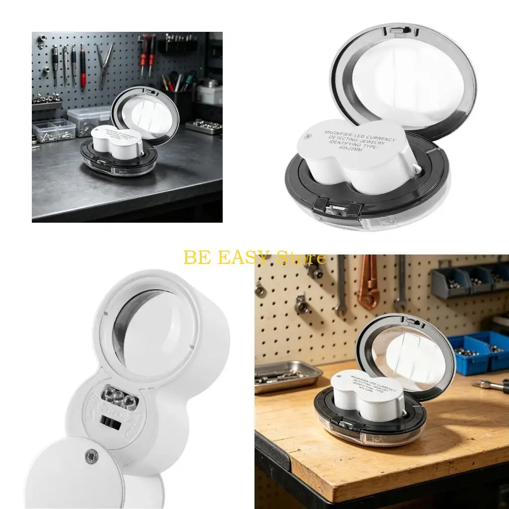 E28F Jewelry Inspection Loupe with 40X Magnification, Hinged Cover, and Two Viewing Positions for Detailed Examination