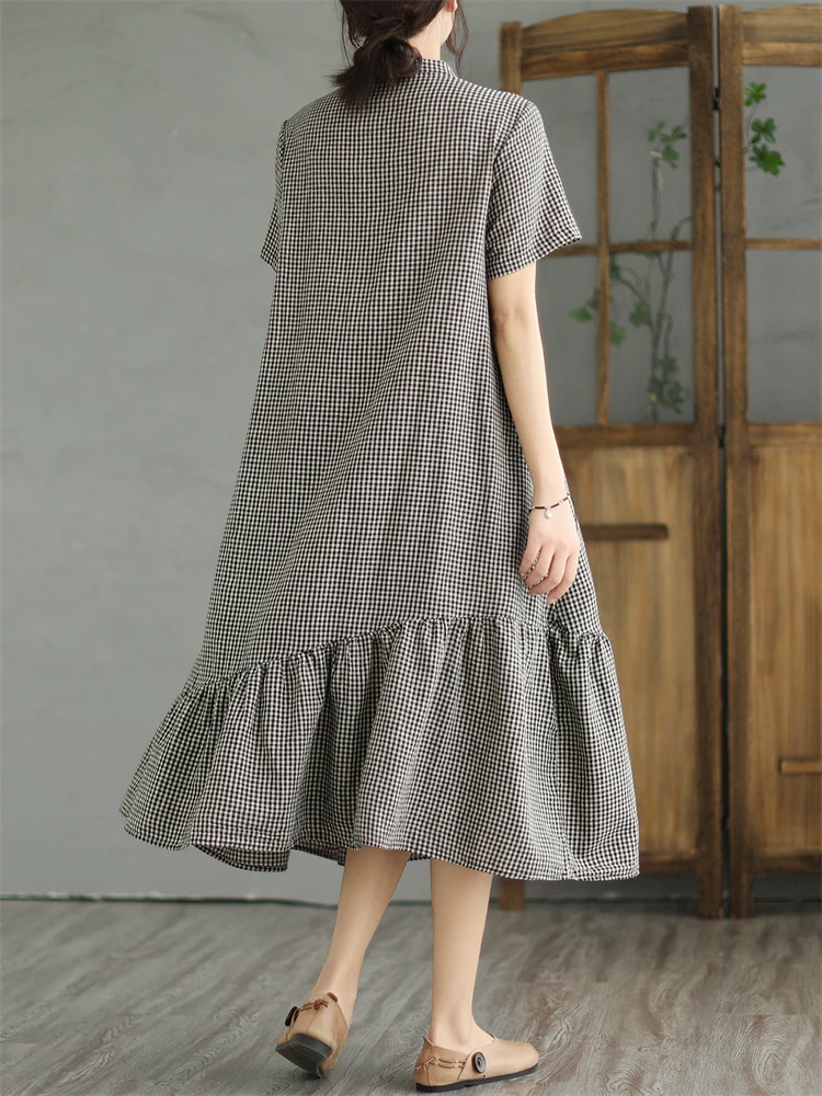 Summer Cotton Vintage Plaid Long Dresses For Women 2025 New Casual Breathable Dress Office Lady Work Femme Robe Elegant Clothing