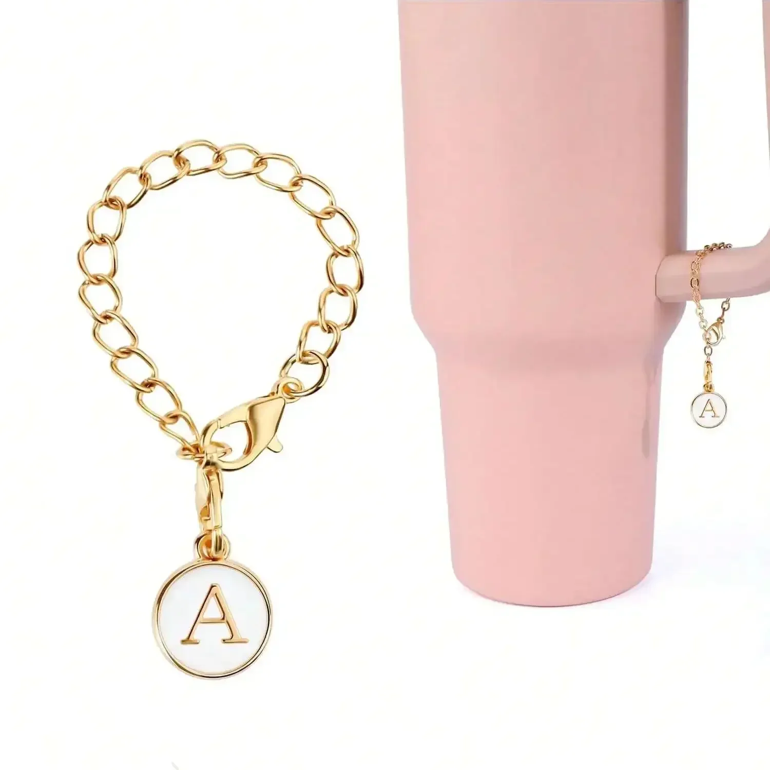 A Stanley letter charm accessory with a minimalist modern cup nameplate charm recognition letter charm chain in white