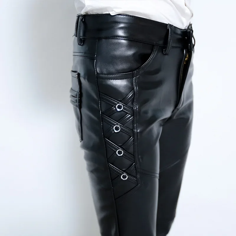 HOO 2025  young men with thick leather pants cultivate one's morality foot trousers fashion pu leather pants